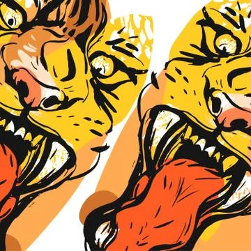 Hand drawn vector abstract graphic drawing of anger tiger face in orange colors Stock Illustration
