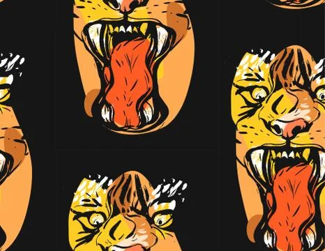 Hand drawn vector abstract graphic drawing seamless pattern of anger tiger face Stock Illustration