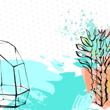 Hand drawn vector abstract graphic creative succulent,cactus and terrarium card Stock Illustration