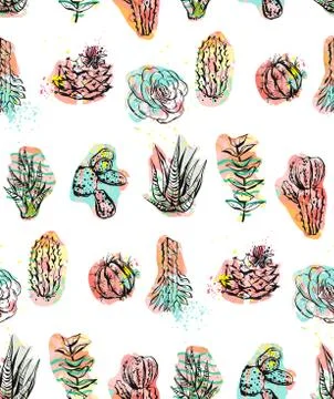 Hand drawn vector abstract graphic creative succulent,cactus and plants seamless Stock Illustration