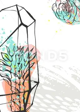 Hand drawn vector abstract graphic creative succulent,cactus and terrarium card Stock Illustration