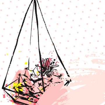 Hand drawn vector abstract graphic creative succulent,cactus and terrarium card Stock Illustration