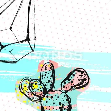 Hand drawn vector abstract graphic creative succulent,cactus and terrarium card Stock Illustration