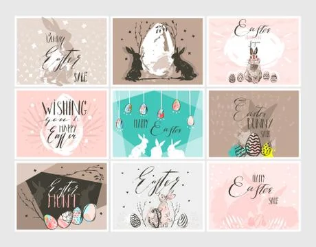 Hand drawn vector abstract graphic scandinavian collage Happy Easter cute 스톡 일러스트