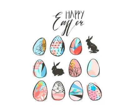 Hand drawn vector abstract graphic scandinavian collage Happy Easter simple Stock Illustration