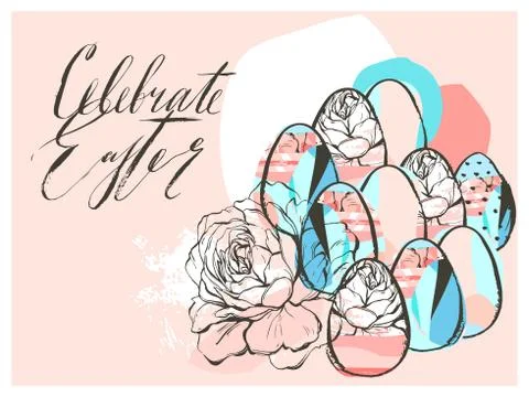 Hand drawn vector abstract graphic scandinavian collage Happy Easter simple eggs 库存插图