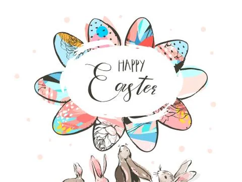 Hand drawn vector abstract graphic scandinavian collage Happy Easter cute simple Stock Illustration