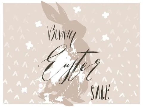 Hand drawn vector abstract graphic scandinavian collage Happy Easter cute bunny 库存插图