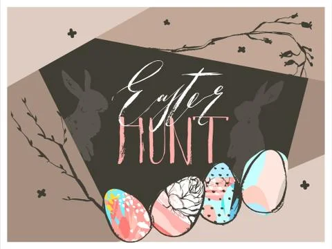 Hand drawn vector abstract graphic scandinavian collage Happy Easter cute simple Illustrazione stock