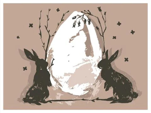 Hand drawn vector abstract graphic scandinavian collage Happy Easter cute bunny Stock Illustration
