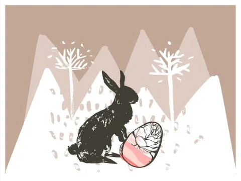 Hand drawn vector abstract graphic scandinavian collage Happy Easter cute simple Stock Illustration