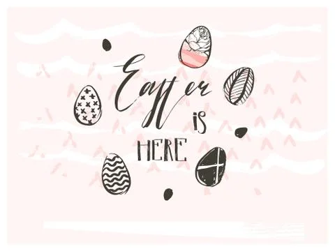 Hand drawn vector abstract graphic scandinavian collage Happy Easter cute simple Stock Illustration