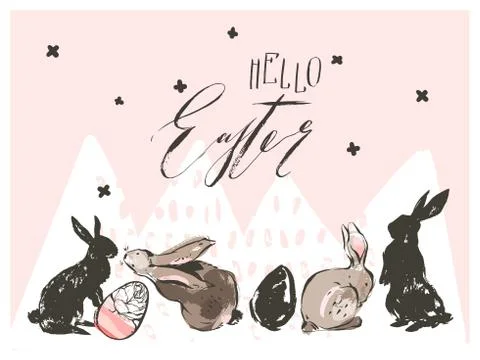 Hand drawn vector abstract graphic scandinavian collage Happy Easter cute simple Stock Illustration