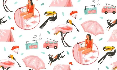 Hand drawn vector abstract graphic cartoon summer time flat illustrations 스톡 일러스트