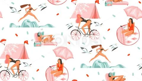 Hand drawn vector abstract graphic cartoon summer time flat illustrations Stock Illustration
