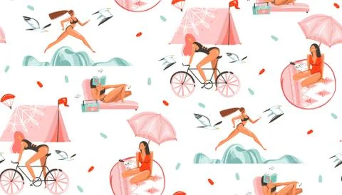 Hand drawn vector abstract graphic cartoon summer time flat illustrations Stock Illustration