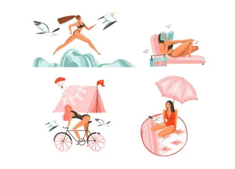 Hand drawn vector abstract graphic cartoon summer time flat illustrations Stock Illustration