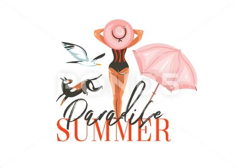 Hand drawn vector abstract graphic cartoon summer time flat illustrations sign Stock Illustration