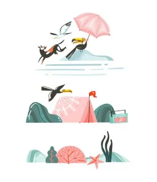 Hand drawn vector abstract graphic cartoon summer time flat illustrations Stock Illustration