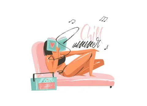 Hand drawn vector abstract graphic cartoon summer time flat illustrations print Stock Illustration