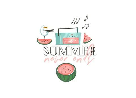 Hand drawn vector abstract graphic cartoon summer time flat illustrations print Stock Illustration