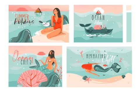 Hand drawn vector abstract graphic cartoon summer time flat illustrations cards Stock Illustration