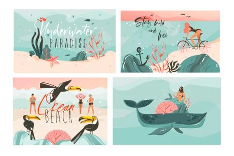 Hand drawn vector abstract graphic cartoon summer time flat illustrations cards Stock Illustration