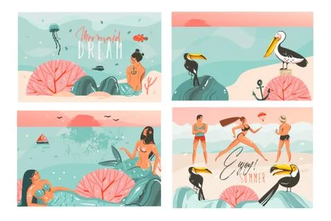 Hand drawn vector abstract graphic cartoon summer time flat illustrations cards Stock Illustration