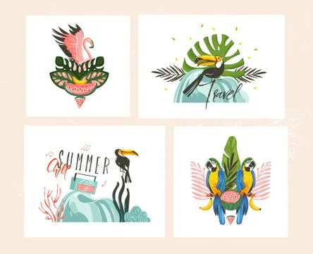 Hand drawn vector abstract graphic cartoon summer time flat illustrations cards Stock Illustration