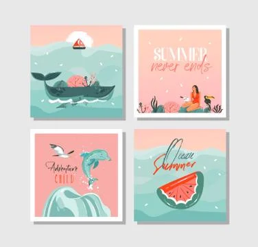 Hand drawn vector abstract graphic cartoon summer time flat illustrations cards イラスト素材