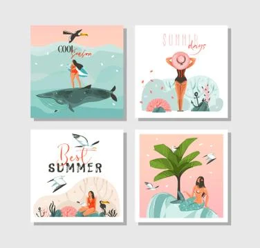 Hand drawn vector abstract graphic cartoon summer time flat illustrations cards 스톡 일러스트