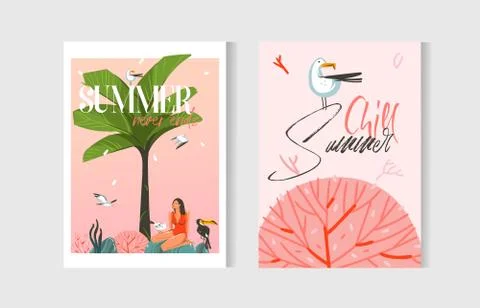Hand drawn vector abstract graphic cartoon summer time flat illustrations cards Stock Illustration