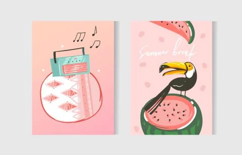 Hand drawn vector abstract graphic cartoon summer time flat illustrations cards Stock-Illustration