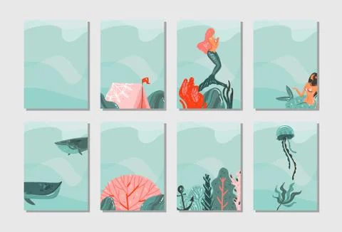 Hand drawn vector abstract graphic cartoon summer time flat illustrations cards Illustrazione stock