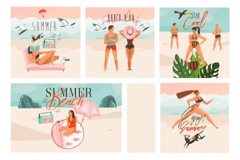 Hand drawn vector abstract graphic cartoon summer time flat illustrations cards 库存插图