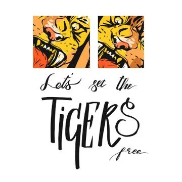Hand drawn vector abstract graphic sketch ink drawing of tigers faces in orange Ilustración de archivo