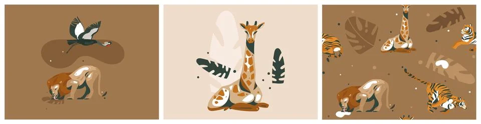 Hand drawn vector abstract graphic modern safari savanna animals print and Stockillustratie