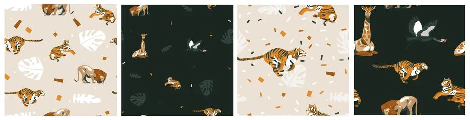 Hand drawn vector abstract graphic modern safari savanna animals print and Stockillustratie