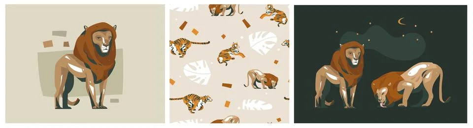 Hand drawn vector abstract graphic modern safari savanna animals print and Stockillustratie