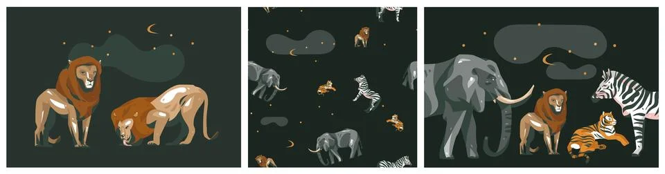 Hand drawn vector abstract graphic modern safari savanna animals print and Stock Illustration