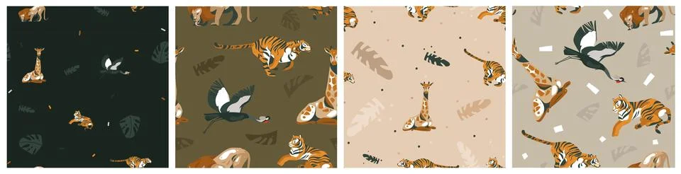 Hand drawn vector abstract graphic modern safari savanna animals print and 스톡 일러스트