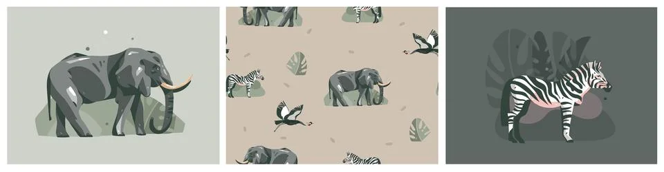 Hand drawn vector abstract graphic modern safari savanna animals print and Stockillustratie