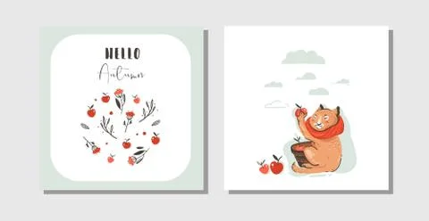 Hand drawn vector abstract greeting cartoon autumn cards set template with cute Stock Illustration
