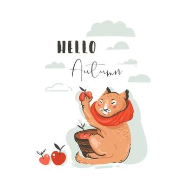 Hand drawn vector abstract greeting cartoon autumn illustration set with cute Stock Illustration
