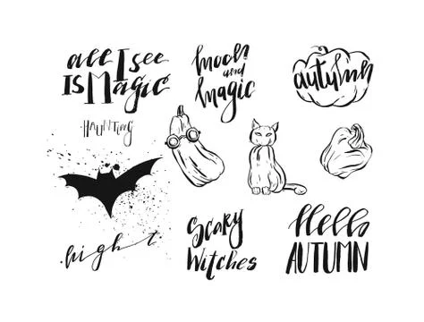 Hand drawn vector abstract handwritten modern calligraphy Halloween quotes,signs Stock Illustration