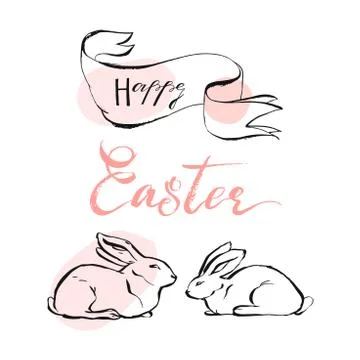 Hand drawn vector abstract Happy Easter greeting illustration with white rabbits Stockillustratie