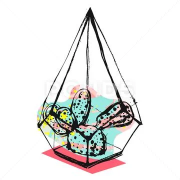 Hand drawn vector abstract illustration with rough terrarium and succulent plant Stock Illustration
