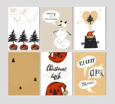 Hand drawn vector abstract Merry Christmas greeting card collection template set Stock Illustration