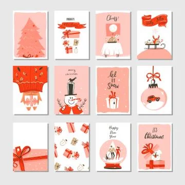 Hand drawn vector abstract Merry Christmas time cartoon cards collection set Stock Illustration