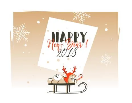 Hand drawn vector abstract Merry Christmas and Happy New Year 2018 time cartoon Stock Illustration